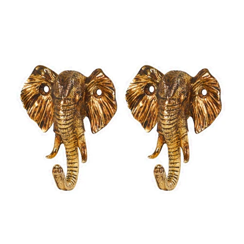 SOFFEE DESIGN 2PCS Metal Golden Coat Hook with Elephant Head Shape, Retro Decorative Wall Hooks for Entryway, Bathroom, Farmhouse Home Decor