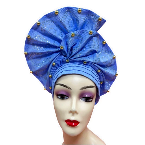 SugeGasa Nigerian Aso Oke Auto Gele Headties with Beads&Stones Already Made African Head Wrap Women Turban Cap Headbands