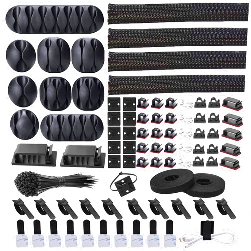 N NOROCME Cord Management Organizer Kit 4 Cable Sleeve Split with 41Self Adhesive Clips Holder, 10pcs and 2 Roll Self tie 100 Fastening Ties for TV Office Car Desk Home Black