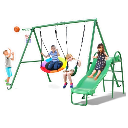 Hapfan 440lbs Swing Sets with Slide for Backyard, Swingset Outdoor for Kids, Heavy Duty Metal Playset, Saucer Swing, Belt Swing, Basketball Hoop