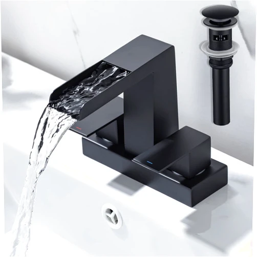 HAMOLER 4 Inch Centerset Waterfall Bathroom Faucet 2 Handle 3 Hole Basin Faucet with Pop Up Drain with Overflow Lavatory Mixer Tap Vanity Faucet Matte Black