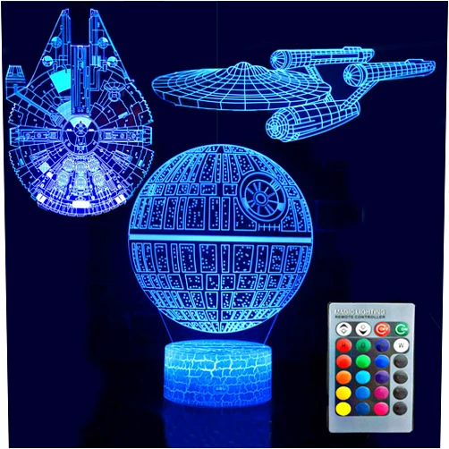 CARA TEBOCR 3D Illusion Star Wars Night Light Three Pattern Death Star/Millennium Falcon/Starships Interstellar 7 Color Change Decor Lamp Desk Table Night Light Lamp for Kids Children Holiday Gift