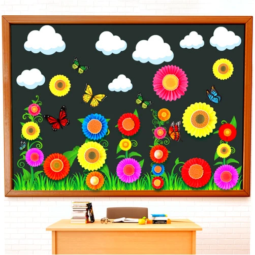 Funrous 76 Pcs Spring Bulletin Board Decorations Set Colorful 3D Flower Butterfly Clouds Grass Plants Bulletin Board Cutouts Spring Floral Classroom Decor for School Home Wall Decor Supplies