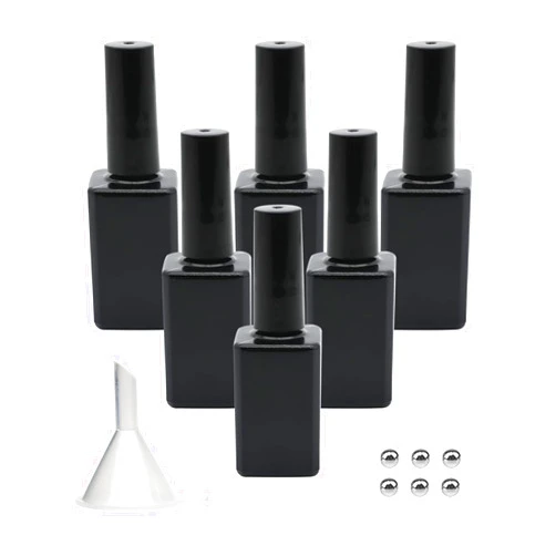 Agidea Empty Nail Polish Bottles with Brush, 15ML Empty Gel Polish Bottles Black, Opaque Square Glass Refillable Fingernail Polish Bottles UV Safe with Mixing Balls & Funnels, Pack of 6
