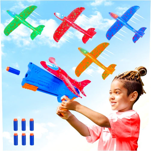 ANWIEL 4 Pack Airplane Launcher Toys, 2 in 1 LED Foam Glider Catapult Plane Toy with 6 Darts, Outdoor Sport Flying Toys for Kids Ages 4 5 6 7 8 9 10 11 12 Year Old Boys Girls Birthday