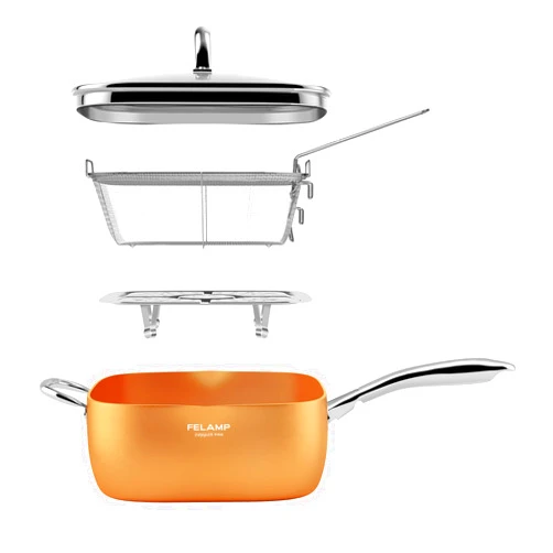 FELAMP Copper Pan Chef Cookware, 9.5-Inch Nonstick Deep Square Induction Frying Pan with Glass Lid, Stainless Steel Fry Basket, Steamer Rack,Dishwasher Oven Safe,4 PCS Copper Pots Set(Upgrade)