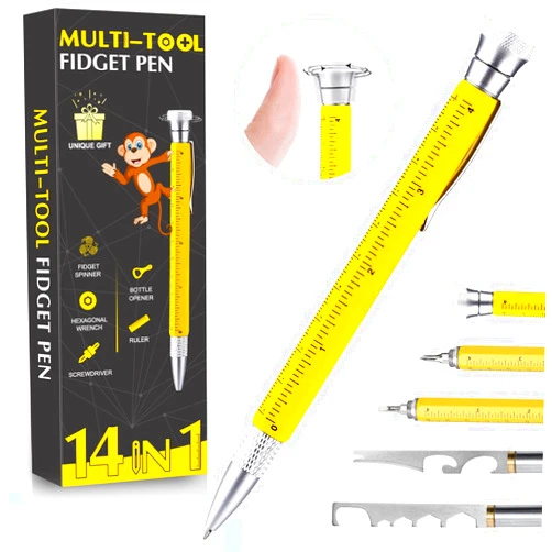 XAMAWA Multitool Fidget Pen, Birthday Gifts for Men Dad, Cool Gadgets Tools Gifts for Boyfriend Husband, Stress Relief Ballpoint Pen for Office Construction Funny-Yellow