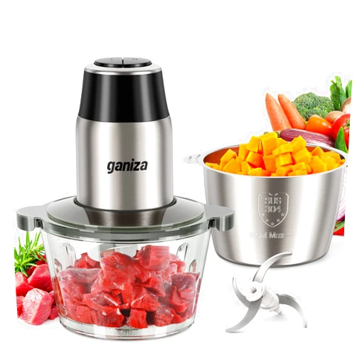 GANIZA Food Processors, Electric Chopper with Meat Grinder & Veggie Chopper - 2 Bowls (8 Cup+8 Cup) with Powerful 450W Copper Motor - Includes 2 Sets of Bi-Level Blades for Baby Food