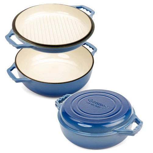 Gennua Kitchen 2-in-1 Enameled Cast Iron Braiser Pan with Grill Lid - 3.3-Quart Small Dutch Oven, Serves as Both Casserole & Stovetop Grill Pan, Cast Iron Cookware