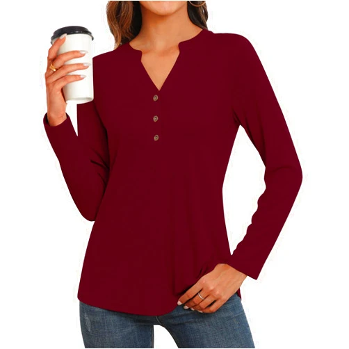Aodemo Womens Fall Henley Tops Notch V Neck Tunic Button Up Shirt Long Sleeve Loose Blouse Winter Dressy Sweatshirt