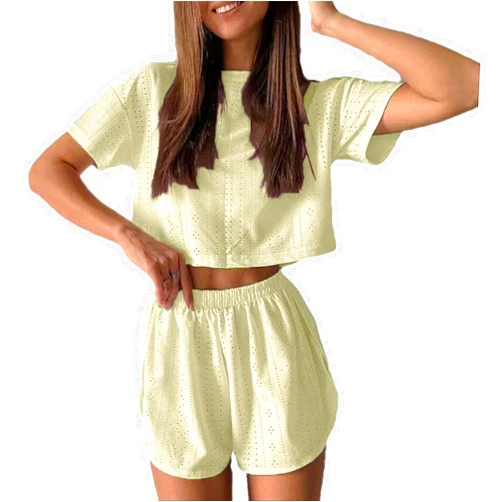 SHOLIFAS Women Summer 2 Piece Outfit Hollow Out Crochet Short Sleeve Top and Shorts Set
