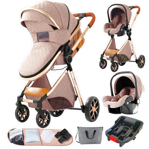 Supperbebe 3 in 1 Baby Travel System Convertible Reversible Baby Stroller Portable Pushchair Infant Standard Pram Foldable Baby Carriage Luxury High Landscape Buggy for Newborn (UDV9-KHAKI with Base)