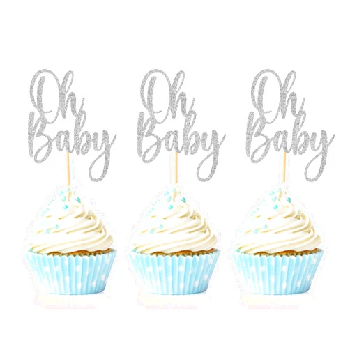 Hengmerry 24 Pieces Oh Baby Cupcake Topper Silver Glitter Baby Shower Cake Decorations Boys Girls Birthday Party Supplies