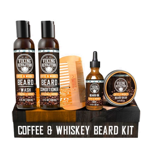 Viking Revolution Ultimate Conditioner for Men's Beard Grooming - Softens, Smoothes and Soothes - Contains Beard Wash and Conditioner (5oz Set), Beard Oil, Balm and Wooden Comb - Coffee Whiskey Scent
