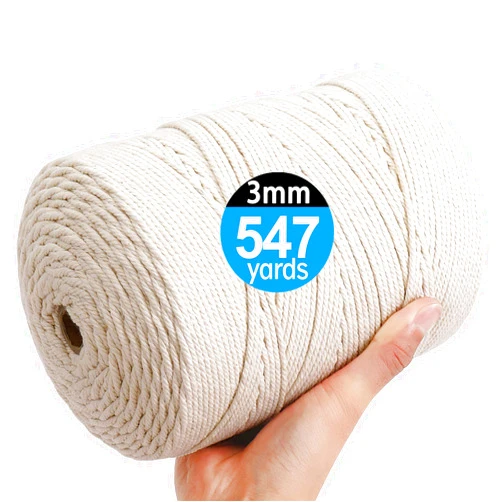 AIFUN Macrame Cord 3mm X 547yd Not Dyed 100% Natural Cotton Macrame Rope, 4 Strand Twisted Cotton Cord Rope for Handmade Wall Hanging ,Plant Hangers, Crafts, Knitting, Gift Wrapping(3mm X 500m)