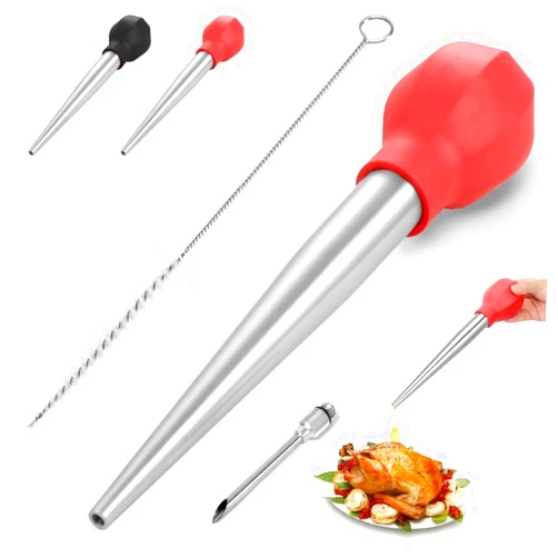 SCHVUBENR Large Turkey Baster with Cleaning Brush & Needle - Stainless Steel Baster Tool for Cooking - Easy to Use and Clean - Heavy Duty Baster Syringe - Flavor Meat Poultry, Beef, Chicken(Red)