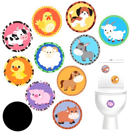 Funrous 20 Pcs Farm Animal Potty Training Stickers Dinosaur Truck Toddler Pee Training Toilet Color Changing Sticker Targets for Boys Girls Kids Toilet Reusable Pee Aim Target(Farm Animal)