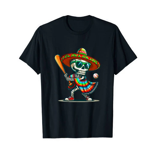 Catchers pitchers Baseball Lovers Cinco De Mayo Mariachi Skeleton Baseball Mexican Sombrero Cinco De Mayo T-Shirt