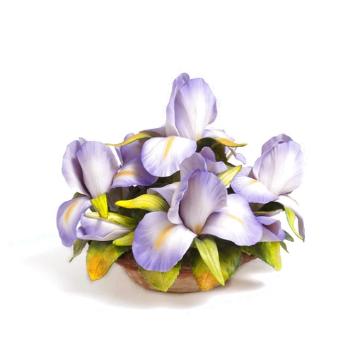 Handmade Capodimonte Porcelain Basket Centerpiece With Handmade Irises Color Made In Italy By Our Artisans in Unionporcelain Packed Into Safe Blue Carton Box