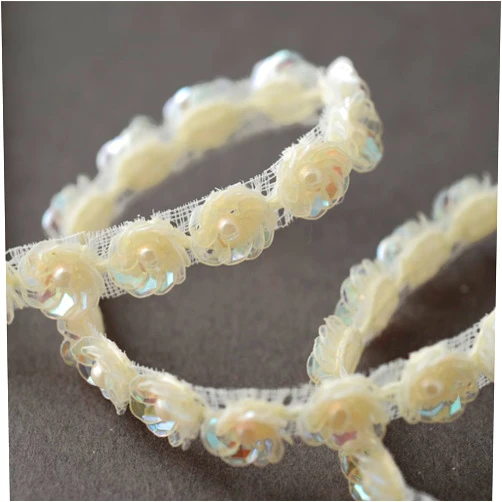 Trim Pearl Beaded Sequin Flower Ribbon, 1/4 Inch by 1 Yard, Ivory, STEP-8618
