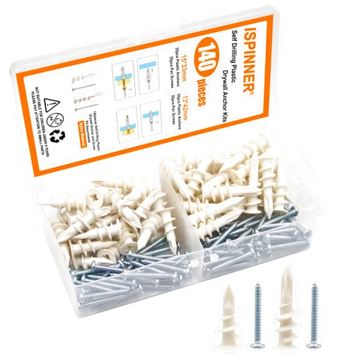 ISPINNER 140pcs Plastic Drywall Anchors Self Drilling Hollow Wall Anchors with Screws Assortment Kit (13x42mm + 15x33mm)