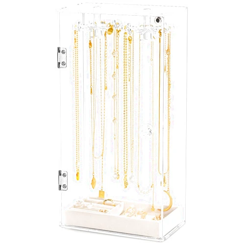 Jenseits Necklace Holder, Acrylic Jewelry Organizer with 24 Hooks, Rotation Clear Necklaces Pendant Display Case Stand, Dust-proof Velvet Tray Hanging Rack Storage for Earrings Rings