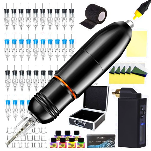 Jconly Tattoo Wireless Machine Kit - Rotary Tattoo Pen Machine Wireless Battery Cartridges Complete Kit with Case(BLACK PEN)