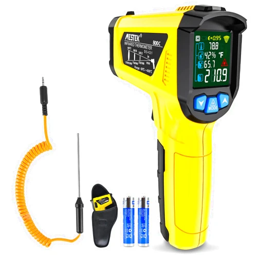 MESTEK Infrared Thermometer Temperature Gun, -58℉~1472℉ Non-Contact Digital Laser Thermometer Temp Gun with K-Probe for Cooking Pizza Oven Griddle, Color LCD Display Adjustable Emissivity with Alarm