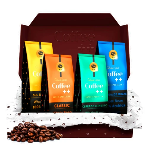 COFFEE ++ COFFEE PLUS Gift Set | Basket for Coffee Lovers | Gourmet Box Sampler | Medium Roast Whole Bean Specialty Coffee | Variety Pack | Selection Of 4 Assorted Flavors x 8.8oz | 2.2 lbs