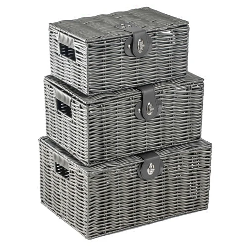 YMhoart Woven Storage Bins With Lids Shelf Baskets Wicker Organizing Rattan Boxes Hand Organizer Closet Handle Makeup Bathroom Decor Shelves Container Grey