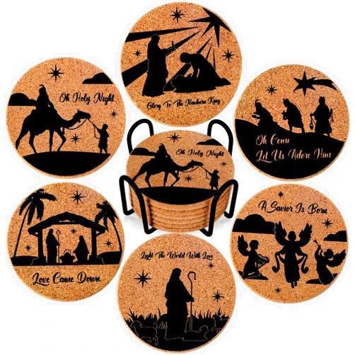 Whaline 6Pcs Christmas Cork Coasters with Holder Xmas Nativity Scene Round Farmhouse Coasters Holy Jesus Birth Heat-Resistant Cup Mats for Wooden Table Protection Winter Party Home Kitchen Supplies