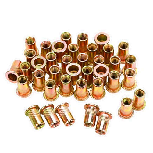 PRECIHW 100pcs Carbon Steel Rivet Nut, 1/4''-20UNC Flat Head Rivnut Threaded Insert Nuts Set with Knurled Body for Automotive, Furniture, Decoration (Zinc Plated Finish)