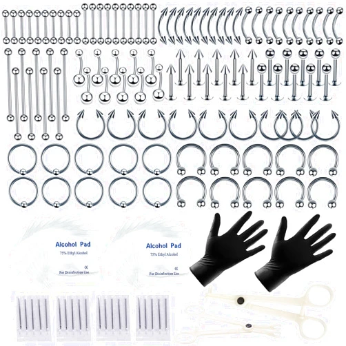 Tustrion 154PCS Mixed-pack Nose Piercing Kits for All Piercings,Stainless Steel Piercing Jewelry Kit 14G 16G with Piecing Needles for Ear Cartilage Tragus Nose Septum Lip Piercing Tools