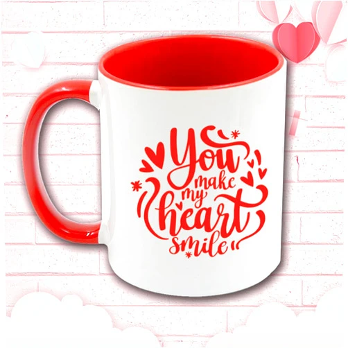 Generic Romantic Coffee Mug – 11oz White Ceramic Cup with Red Interior – Heart-Shaped Design & Love Quote – Valentine's Day Gift for Her or Him