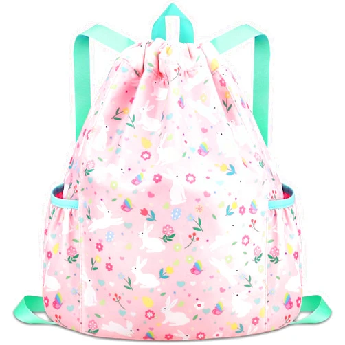 RHCPFOVR Drawstring Backpack for Kids - Unicorn Bags for Girls Gym Dance Beach Swim Travel Bag With Two Water Bottle Holder