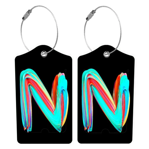 BestEioyo 2 Pack Initial Luggage Tag for Suitcase, Colored Letter Unique Leather Bag Tags Identifiers Privacy Cover ID Label with Durable Steel Loop for Women Men Kids Girls Travel, Lette N