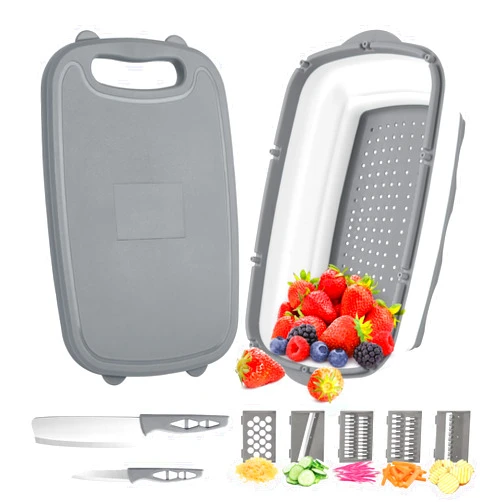 Gintan Camping Cutting Board, 9-in-1 Collapsible Chopping Board with Colander, Gifts for Campers Happy Camper,Camping Accessories for RV Campers (Gray)