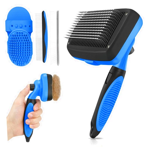AUSRKI Self Cleaning Shedding Brush - 5-in-1 Professional Pet Grooming Kit Skin Friendly Grooming Tool for Dogs, Cats, and Puppies, Deshedding and Hair Removal for Long and Short Haired Pets, Blue