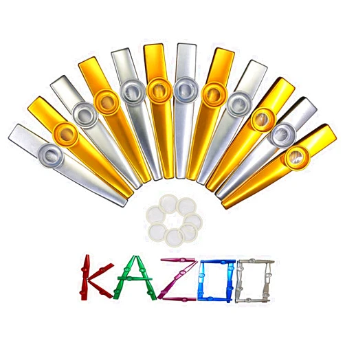 Crystaljun 12Pcs Metal Gold And Silver Kazoos With 20Pcs Kazoo Flute Diaphragms,Musical Instruments,Good Gift for Kids,A Good Companion for Guitar,Piano Keyboard,Ukulele, Violin.