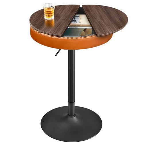 VASAGLE EKHO Collection - Height Adjustable Bar Table, Round High Pub Table with Storage, Synthetic Leather with Stitching, Mid-Century Modern, Kitchen Home Bar, Ash Brown and Caramel Brown