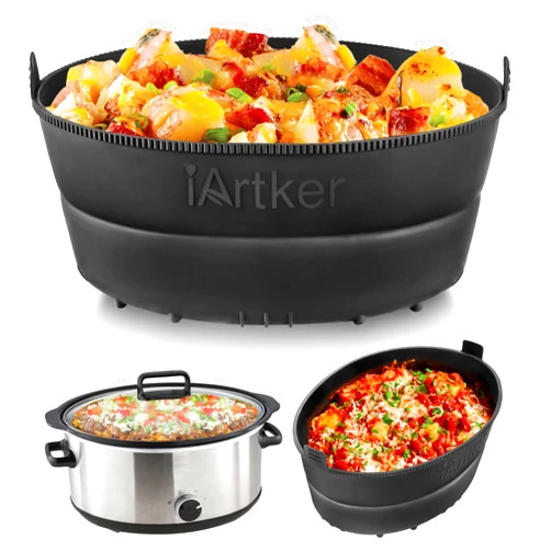IArtker Silicone Slow Cooker Liner fit 7-8 Quart, Thickened Foldable Crockpot Liners Oval Crock-Pot, Reusable Leakproof Crock Pot Liner BPA Free Dishwasher Safe