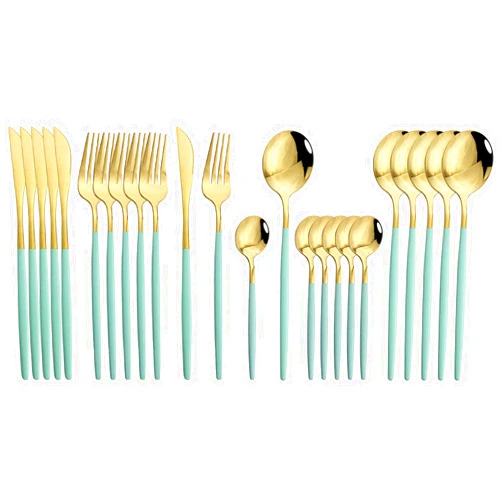JASHII Flatware Serving Set 24 Piece, Stainless Steel Silverware Set, Mint Green Gold Cutlery Set, Modern Elegant Tableware Set for Party, Christmas, Dinner (Mint Green Gold)