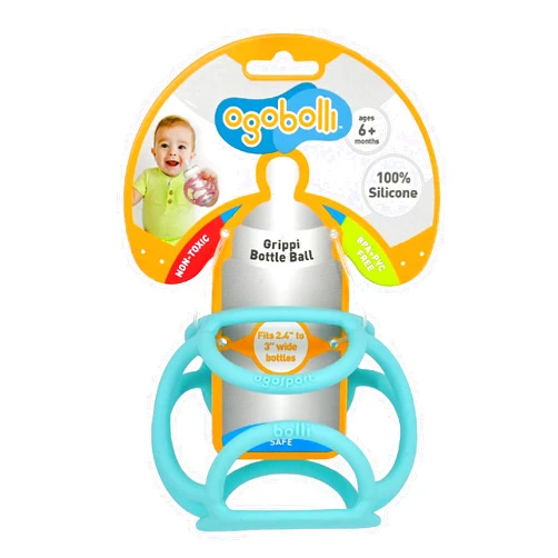 KIDS PREFERRED OgoBolli Grippi Teether Ring Tactile Sensory Ball and Baby Bottle Holder for Babies & Toddlers - Stretchy, Squishy, Soft, Non-Toxic Silicone - Boys and Girls Age 6+ Months - Blue