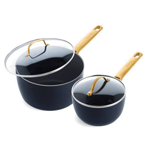 GreenPan Reserve Hard Anodized Healthy Ceramic Nonstick, 1.5QT and 3QT Saucepan Pot Set with Lids, Gold Handle, PFAS-Free, Dishwasher Safe, Oven Safe, Black