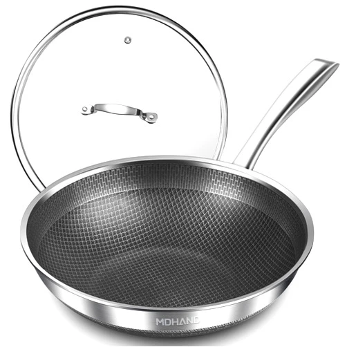 MDHAND 12-Inch Stainless Steel Nonstick Wok with Tempered Glass Lid – Durable Stir-Fry Pan with Stay-Cool Handle, Dishwasher & Oven Safe – Compatible with Induction, Gas, and Electric Cooktops
