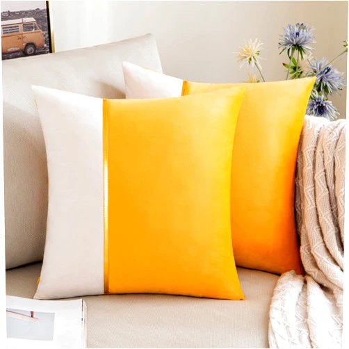 ANRODUO Pack of 2 Fall Pillow Covers Yellow Throw Pillow Covers Decorative Velvet Patchwork with Gold Leather Pillowcase Soft Solid Cushion Case Square for Couch Sofa Living Room Fall Decor 18x18 Inch
