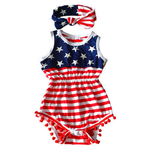 Qin.Orianna 4th of July Toddler Baby Girl American Flag Tassel Romper with Headband
