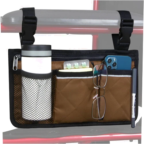 HSGEZUOQI Wheelchair Side Bag, Armrest Storage Pouch with Cup Holder and Reflective Strip for Wheelchairs, Walkers or Rollators (Coffee)