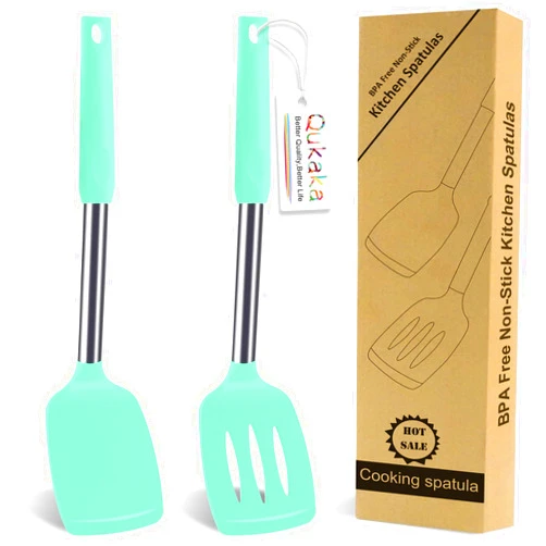 Qukaka 2 Pack Silicone Spatula Set,Solid & Slotted Spatulas Silicone Heat Resistant,Turner Spatulas for Kitchen Use,Rubber Spatulas for Fish, Eggs, Pancakes, WOK, Silicone Cooking Utensils