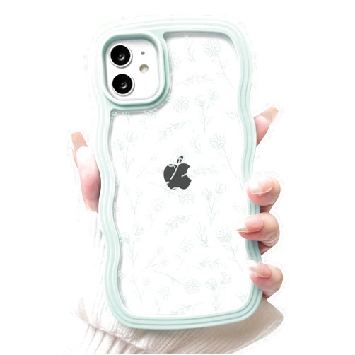 NITITOP Compatible for iPhone 11 Case Cute Clear Flower Floral Leave Curly Mint Green Wave Frame Shape Wavy Shockproof Soft TPU 2 in 1 Protective Phone Cover for Women Girl - Mint Green